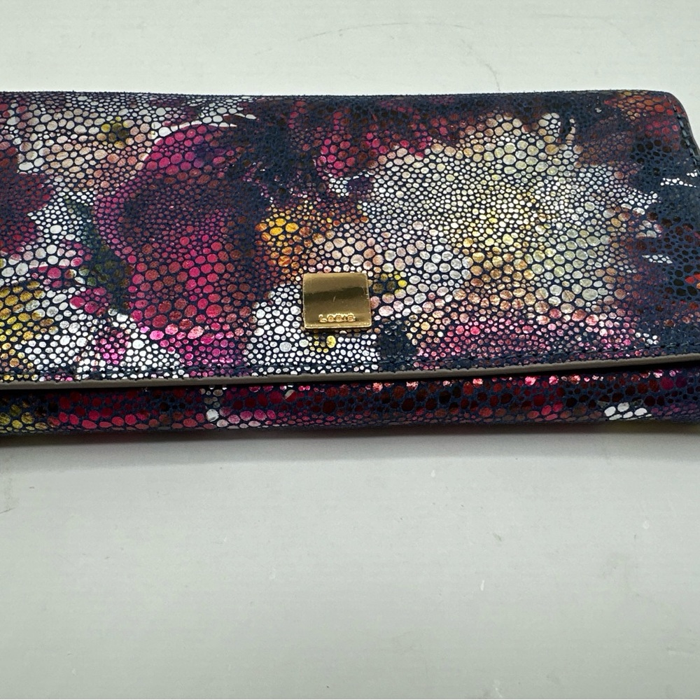 Lodis Leather Large Metallic Floral Clutch Wallet Watercolor Metallic NEW NWOT